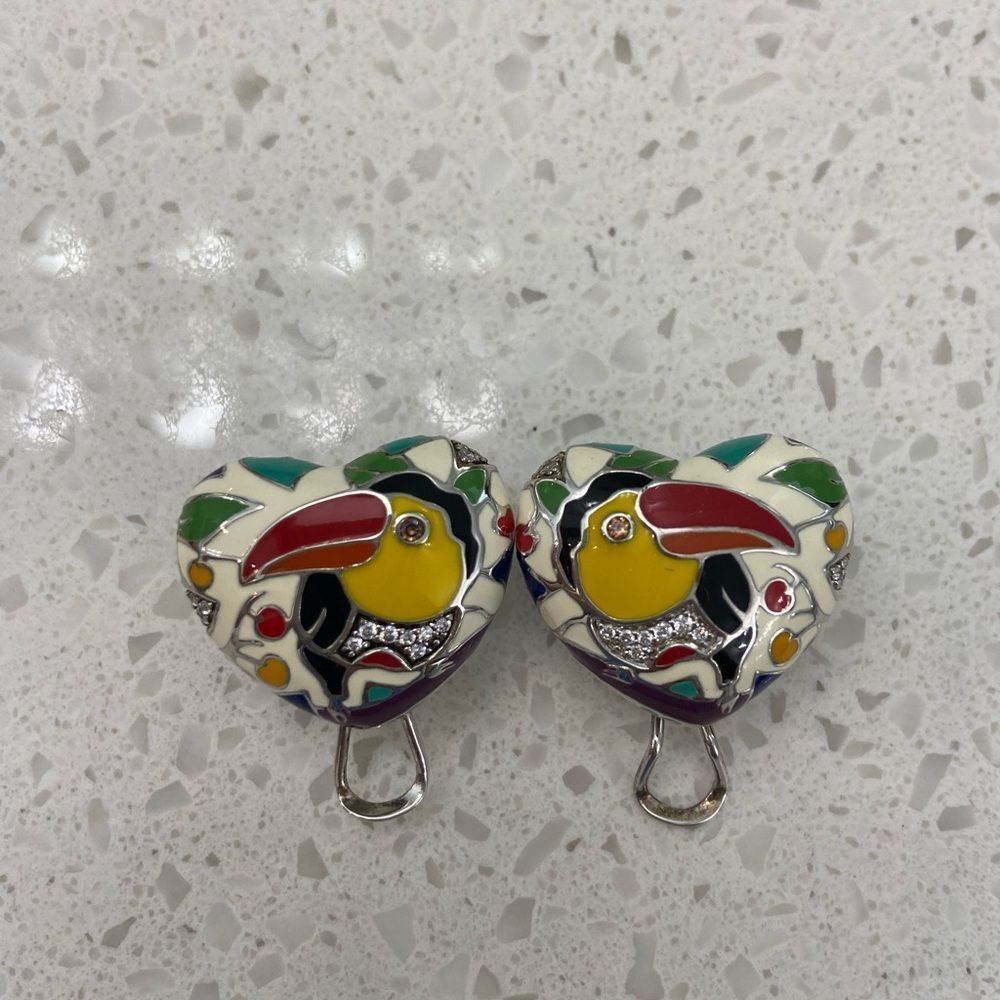 Lauren G Adams heart shaped toucan enamel pierced earrings